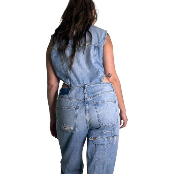 NWT Zara Full Length Denim Cut Out Jumpsuit Sz XL Sleeveless Distressed - Picture 4 of 16